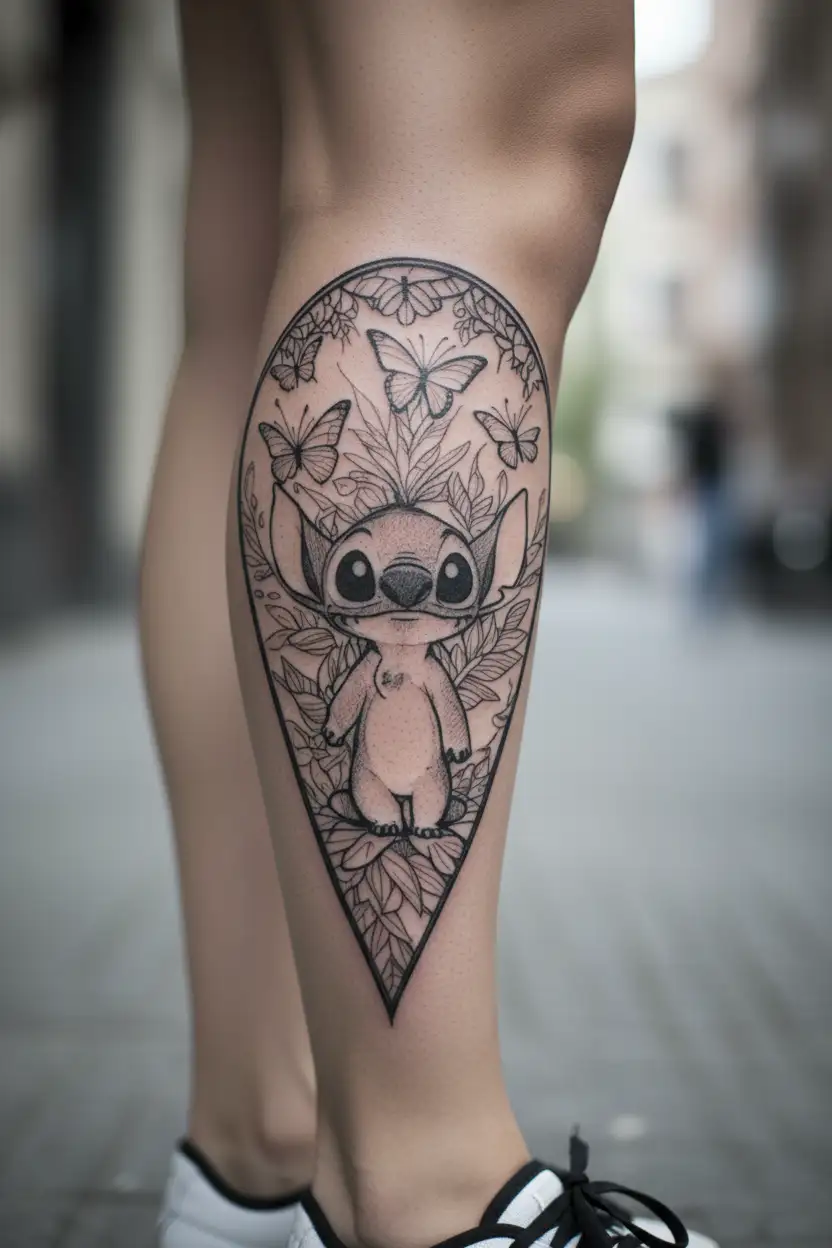 Lilo and Stitch themed tattoo with a blackwork design featuring Ohana symbol and Stitch surrounded by butterflies tattoo design idea
