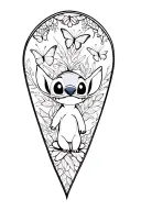 Lilo and Stitch themed tattoo with a blackwork design featuring Ohana symbol and Stitch surrounded by butterflies tattoo design idea