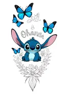 Lilo and Stitch themed tattoo with a blackwork design featuring Ohana symbol and Stitch surrounded by butterflies tattoo design idea