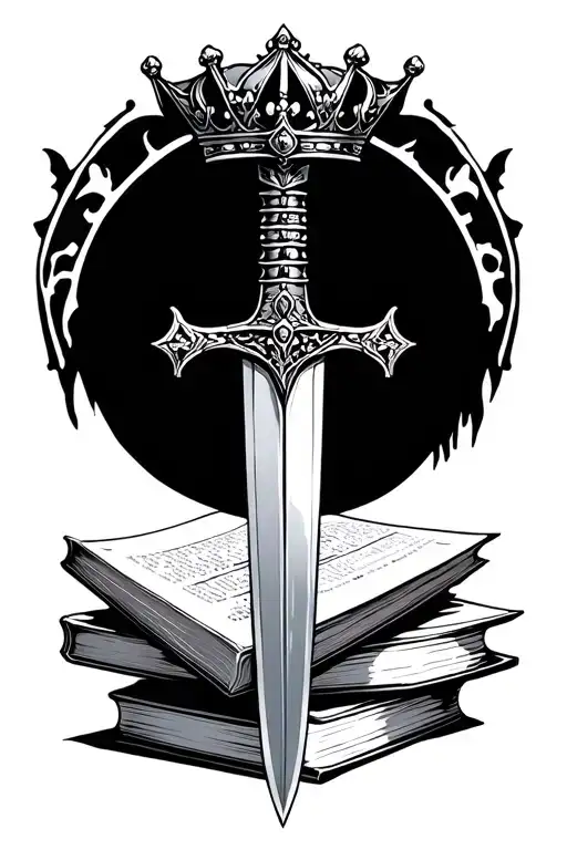 feminine sword with a crown, the sword piercing a stack of books, the top book is open tattoo design idea