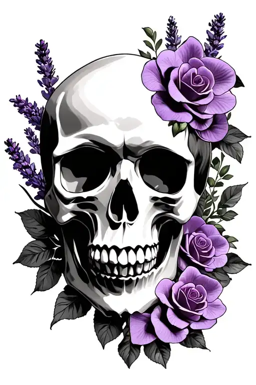  Gothic skull tattoo stencil with roses, orchids, and lavender, black and graywash  tattoo design idea