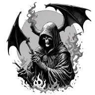 hooded reaper silohuette, smoke, fire, scary, bat wings, Viking runes, kenaz rune tattoo design idea
