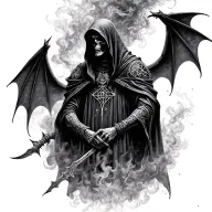 hooded reaper silohuette, smoke, fire, scary, bat wings, Viking runes, kenaz rune tattoo design idea