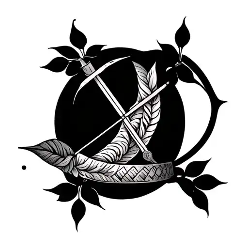 A detailed forearm band tattoo featuring Arjun's bow without an arrow, intertwined with Durva plant leaves, symbolizing  tattoo design idea