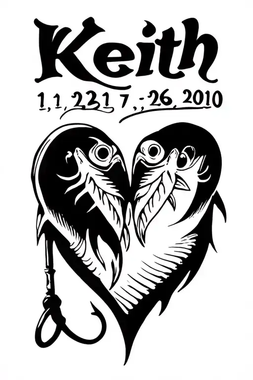 "Keith 1/12/81 - 7/26/2010" fish hooks in heart shape tattoo design idea