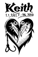 "Keith 1/12/81 - 7/26/2010" fish hooks in heart shape tattoo design idea