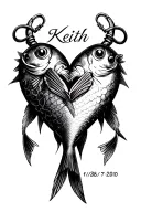 "Keith 1/12/81 - 7/26/2010" fish hooks in heart shape tattoo design idea