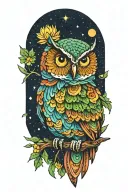 colorful owl with a chrysanthemum  flower, some green spots and starry background that has planets tattoo design idea
