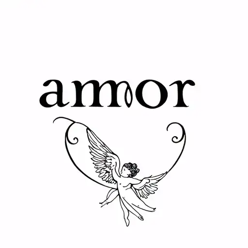minimalis tatoo desing of the word "amor" in elegant curdive with a delicate angel or cherub, fine line art tattoo design idea