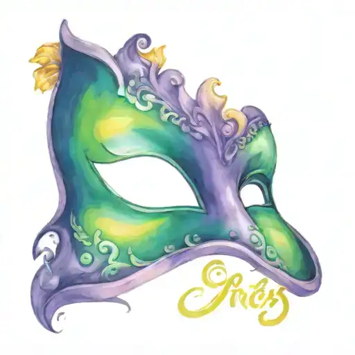 a best friend's tattoo representing 20 years of friendship with a mardi gras mask as the centerpiece, with an infinity s tattoo design idea