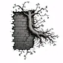 vine growing roots on a brick wall being torn tattoo design idea