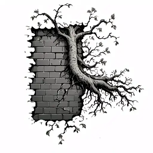 vine growing roots on a brick wall being torn tattoo design idea