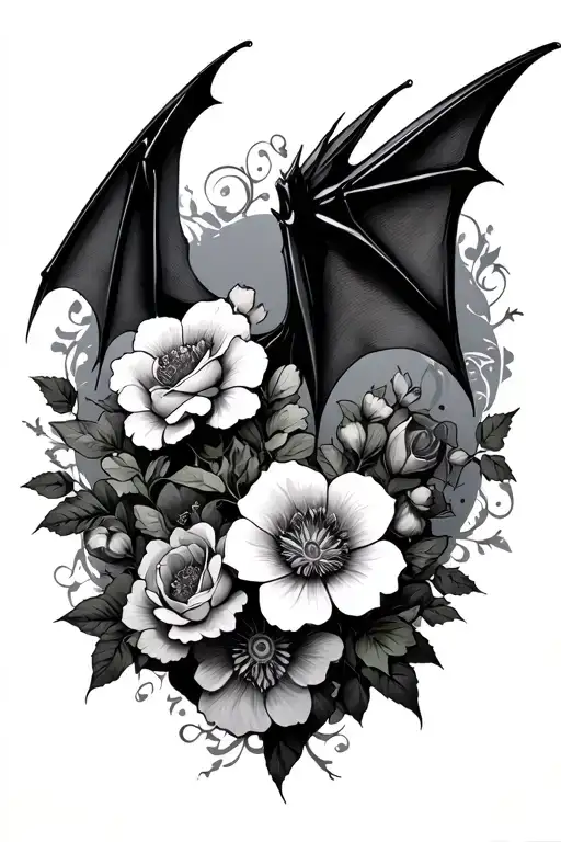 Gothic Bat with flowers tattoo design idea