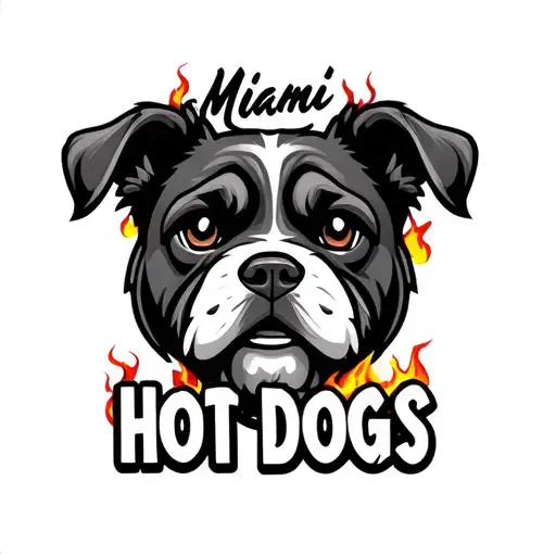"Miami Hot Dogs" cartoon dog face and fire tattoo design idea