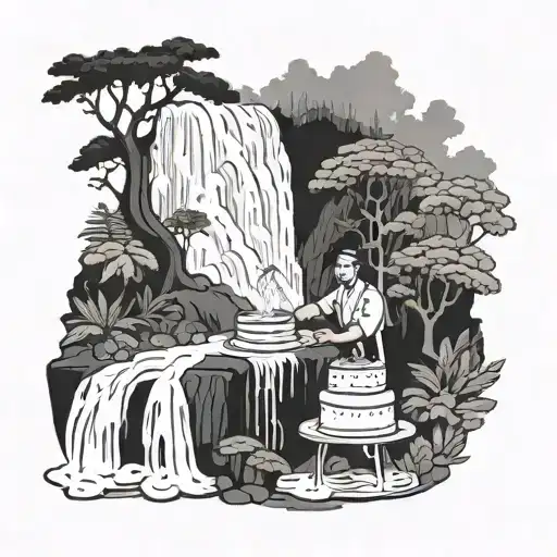 A semi abstract peaceful scene of a chef crafting a wedding cake under a waterfall in a lush forest in black and white  tattoo design idea