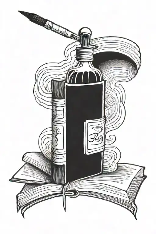 book with turning page paint brush alcohol bottle  tattoo design idea