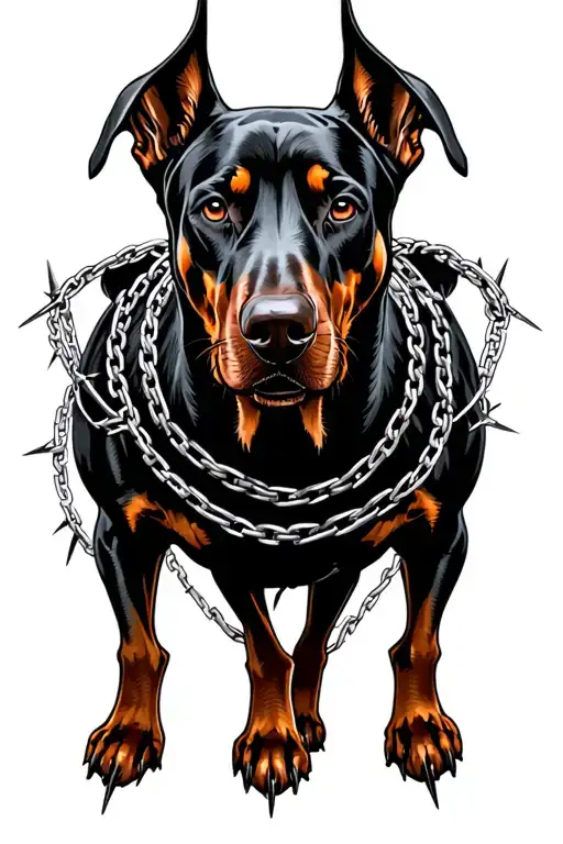 hell hound with three heads on one body, kind of looks like a evil Doberman, detailed, with barbed wire chains  tattoo design idea