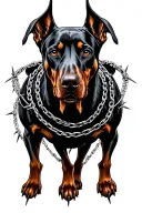 hell hound with three heads on one body, kind of looks like a evil Doberman, detailed, with barbed wire chains  tattoo design idea