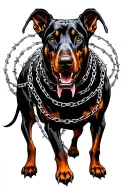 hell hound with three heads on one body, kind of looks like a evil Doberman, detailed, with barbed wire chains  tattoo design idea