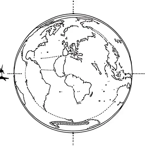 A simple globe containing all 7 continents with a small simple plane flying around it while following a dotted line tattoo design idea