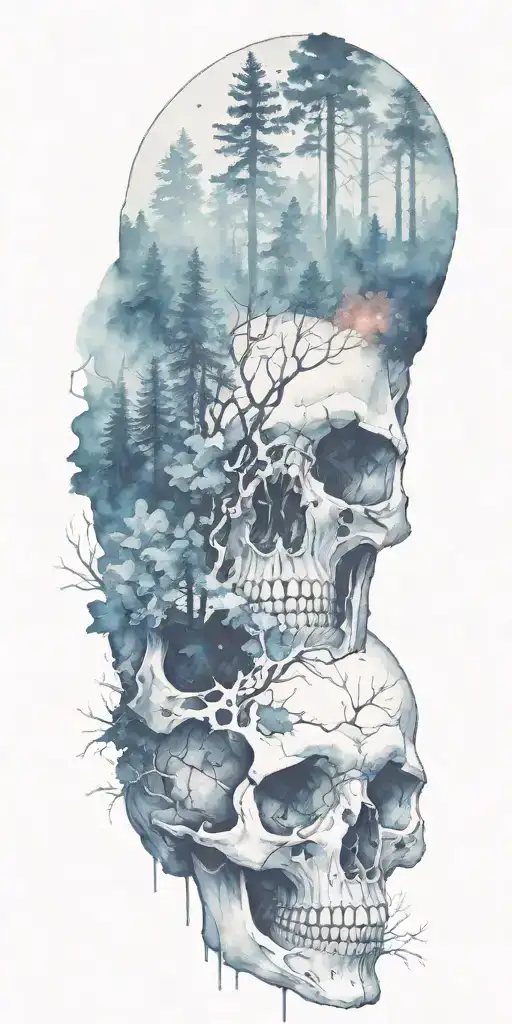 massive forest landscape with hidden negative space shaped like a skull tattoo design idea