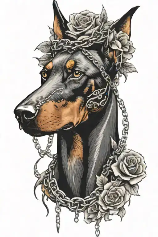 Doberman head with flowers and chains surrounded by thorns tattoo design idea