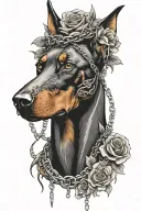 Doberman head with flowers and chains surrounded by thorns tattoo design idea