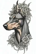 Doberman head with flowers and chains surrounded by thorns tattoo design idea