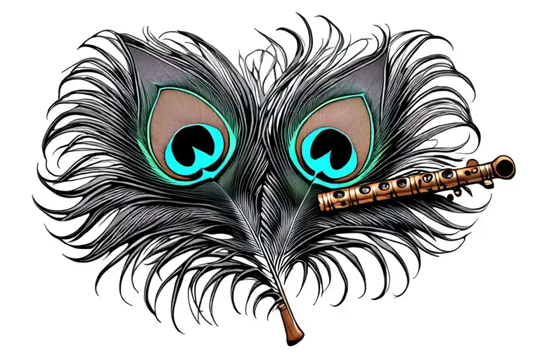 Simple Flute surrounded by peacock feather tattoo design idea