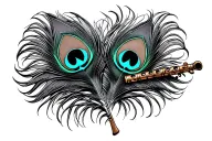 Simple Flute surrounded by peacock feather tattoo design idea