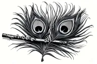 Simple Flute surrounded by peacock feather tattoo design idea