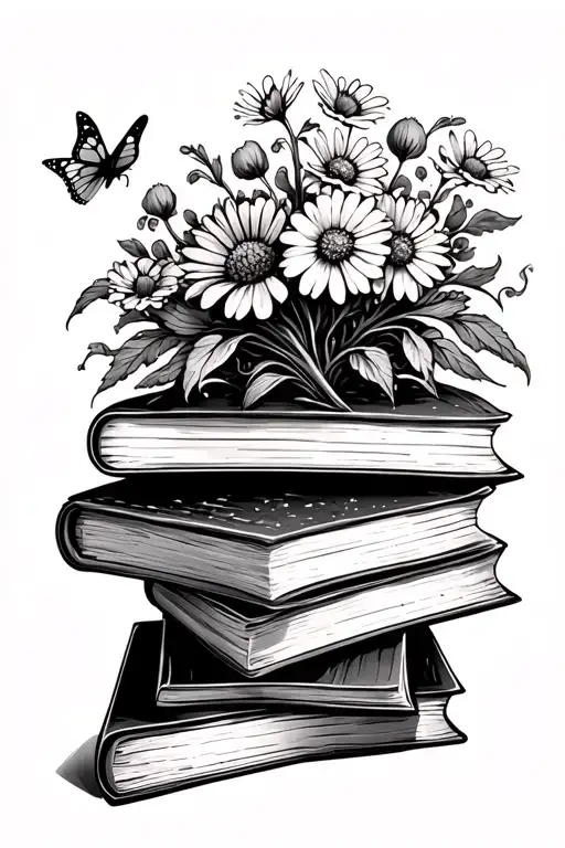 Stack of books open one on top wild flowers coming out of the top with a little butterfly  tattoo design idea
