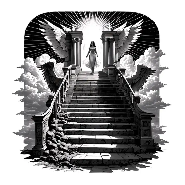 stairway to heaven woman walking up stairs angels sun rays clouds heaven gate at the top of the stairs  tattoo design idea