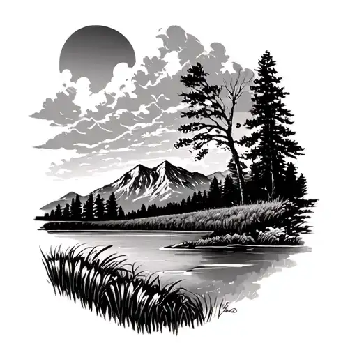mountian, cornfields, lake scene tattoo design idea