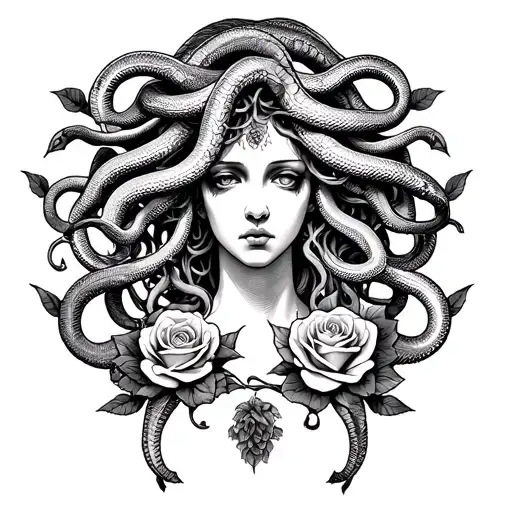 Medusa with twelve snakes and two roses tattoo design idea