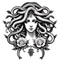 Medusa with twelve snakes and two roses tattoo design idea