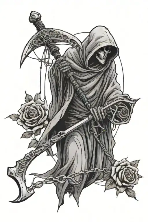 grim reaper holding a scythe with roses and barbed wire tattoo design idea