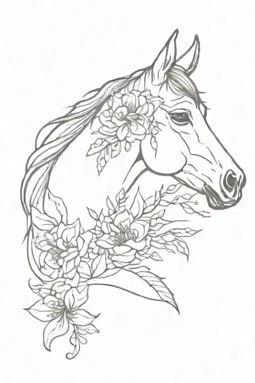 Horse head and flowers tattoo design idea