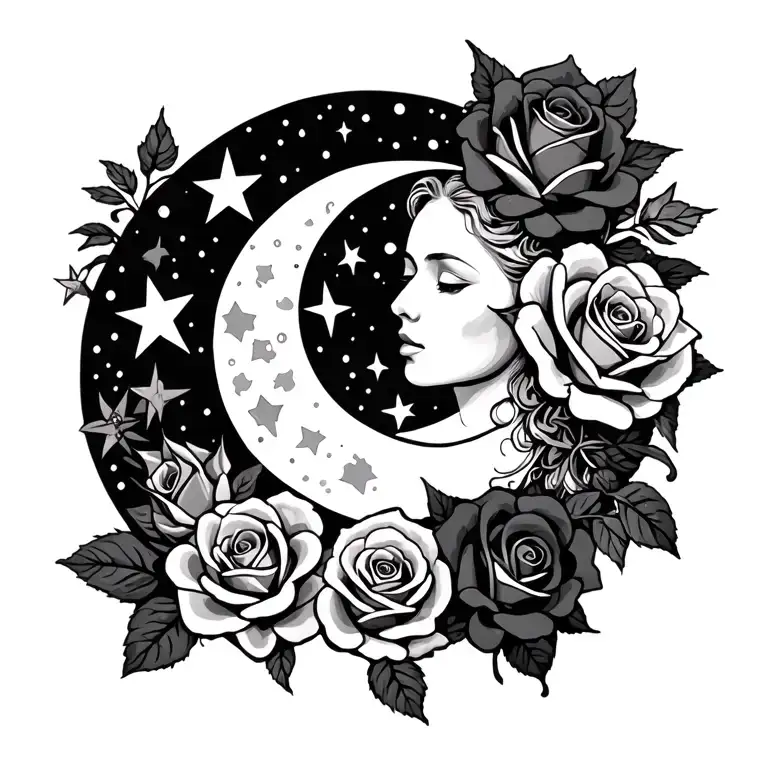 moon,stars and roses intertwined tattoo design idea