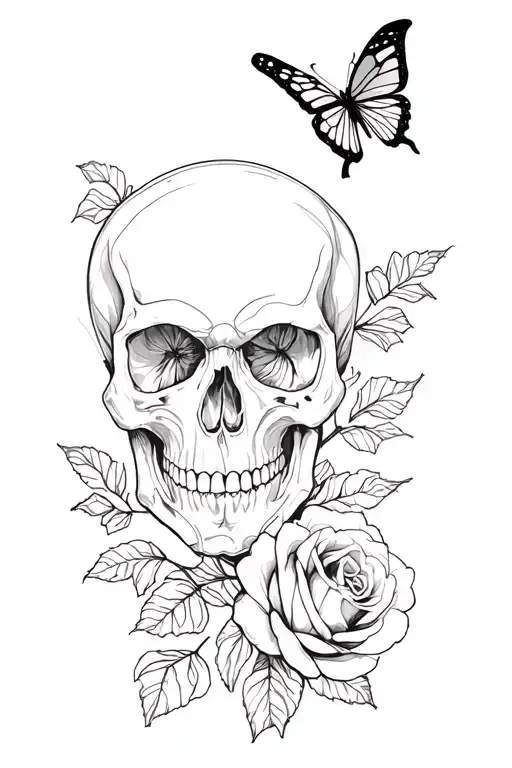 skull roses butterflies tattoo design idea
