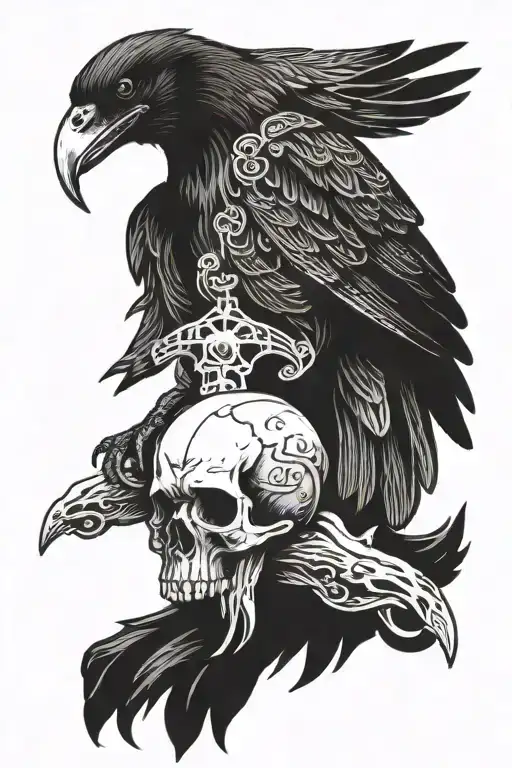 Norse raven perched on a skull tattoo design idea