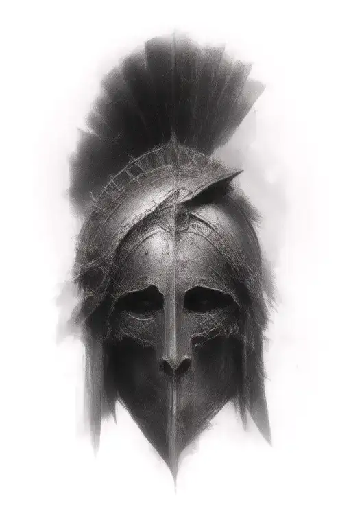 Create an image of a Spartan warrior's helmet with an arrow behind the helmet in the style of a minimalist tattoo sketch tattoo design idea