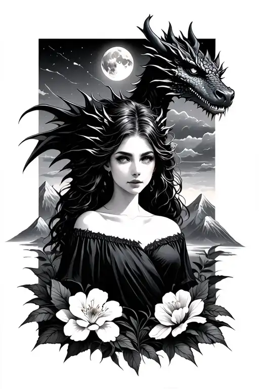 Women with dragon behind her. Mountain landscape. Moon and soon in top corners. Evening primrose at the bottom woman tattoo design idea