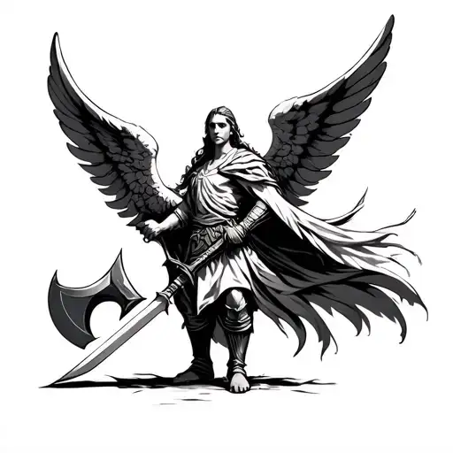 warrior angel holding a sword in one hand and a double sided axe in the other tattoo design idea