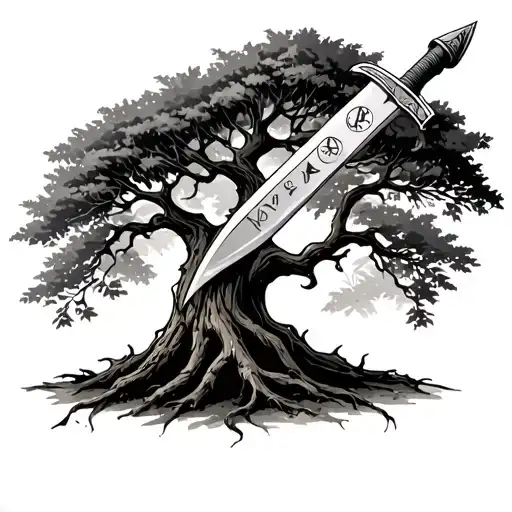 A dagger with wear signs inserted in a tree as if it had been launched with a background of nature to give peace tattoo design idea