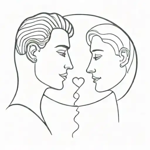 two faces in profile with a heart and surrounded as if it were a planet tattoo design idea
