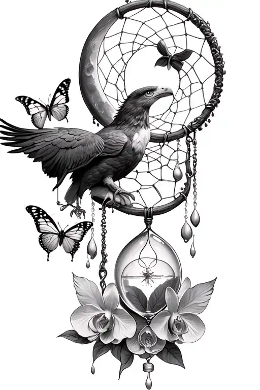 eagle hourglass moon dream catcher  orchids and butterflies. nature tears and protection of children  tattoo design idea