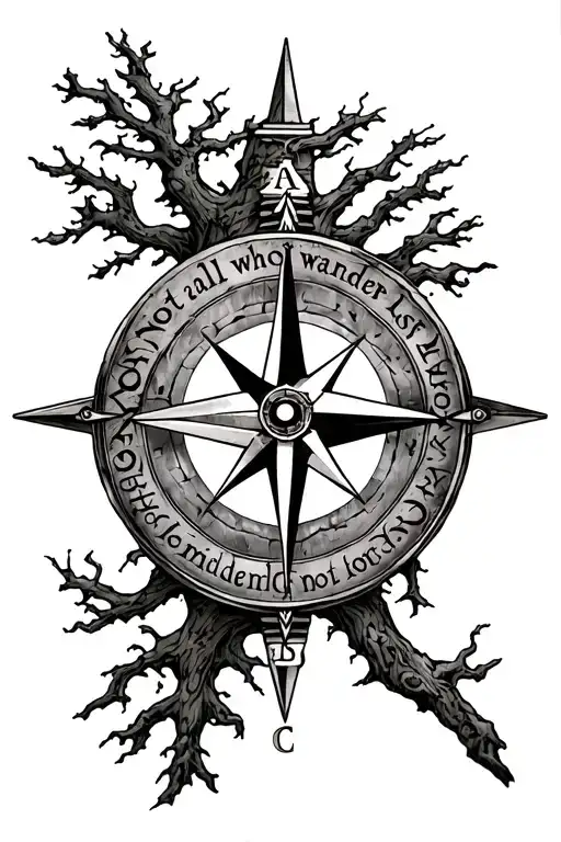 Nordic compass with runes ruins that say "not all who wander are lost". Also incorporating  the tree of lif tattoo design idea