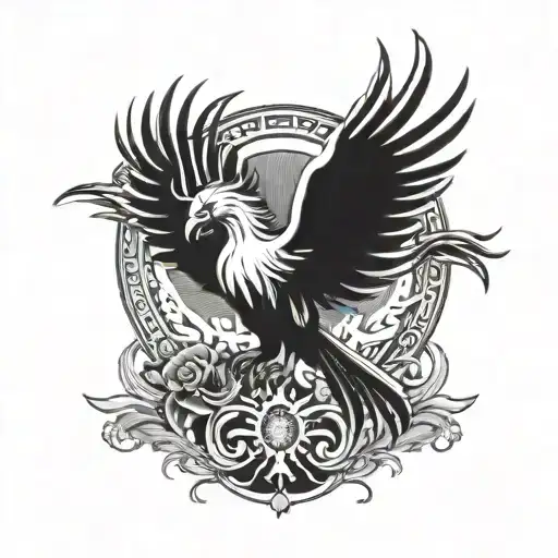 black and white Phoenix with consciousness elements behind it tattoo design idea
