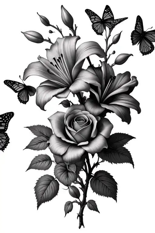 lily and rose thorn with butterflies tattoo design idea